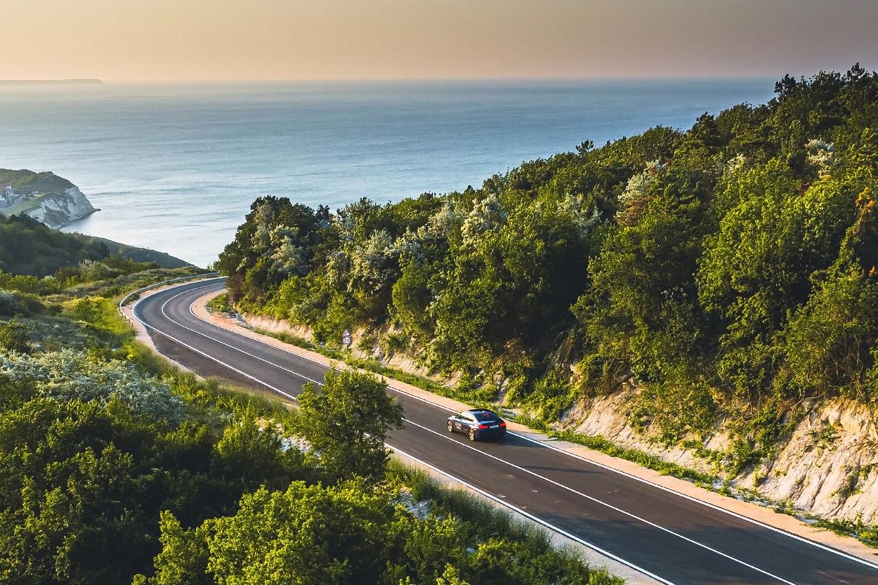 Driving down road on coast in Bulgaria
