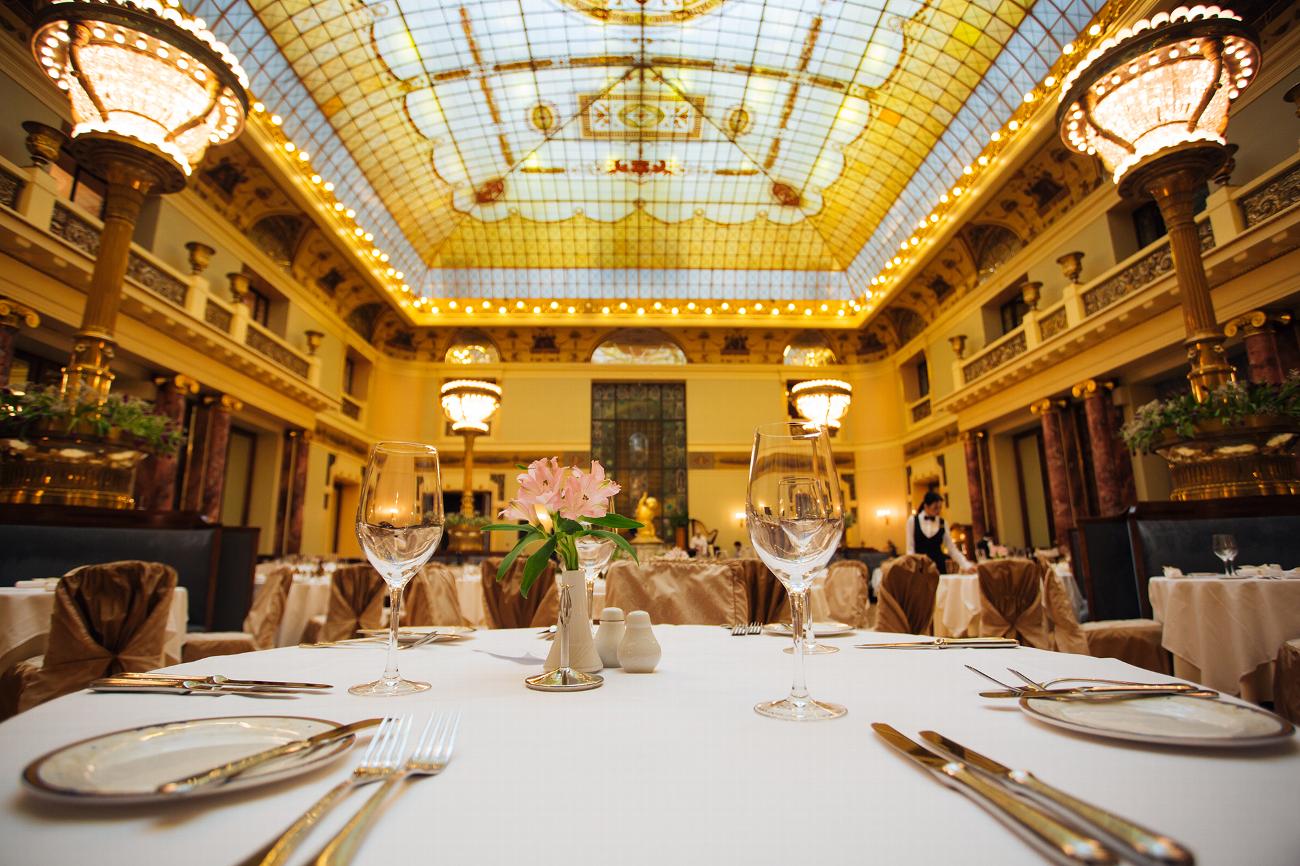 Luxury hotel dining room stained glass roof